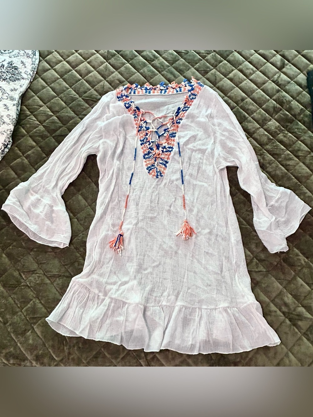White Swim Coverup with Embroidered V-Neck